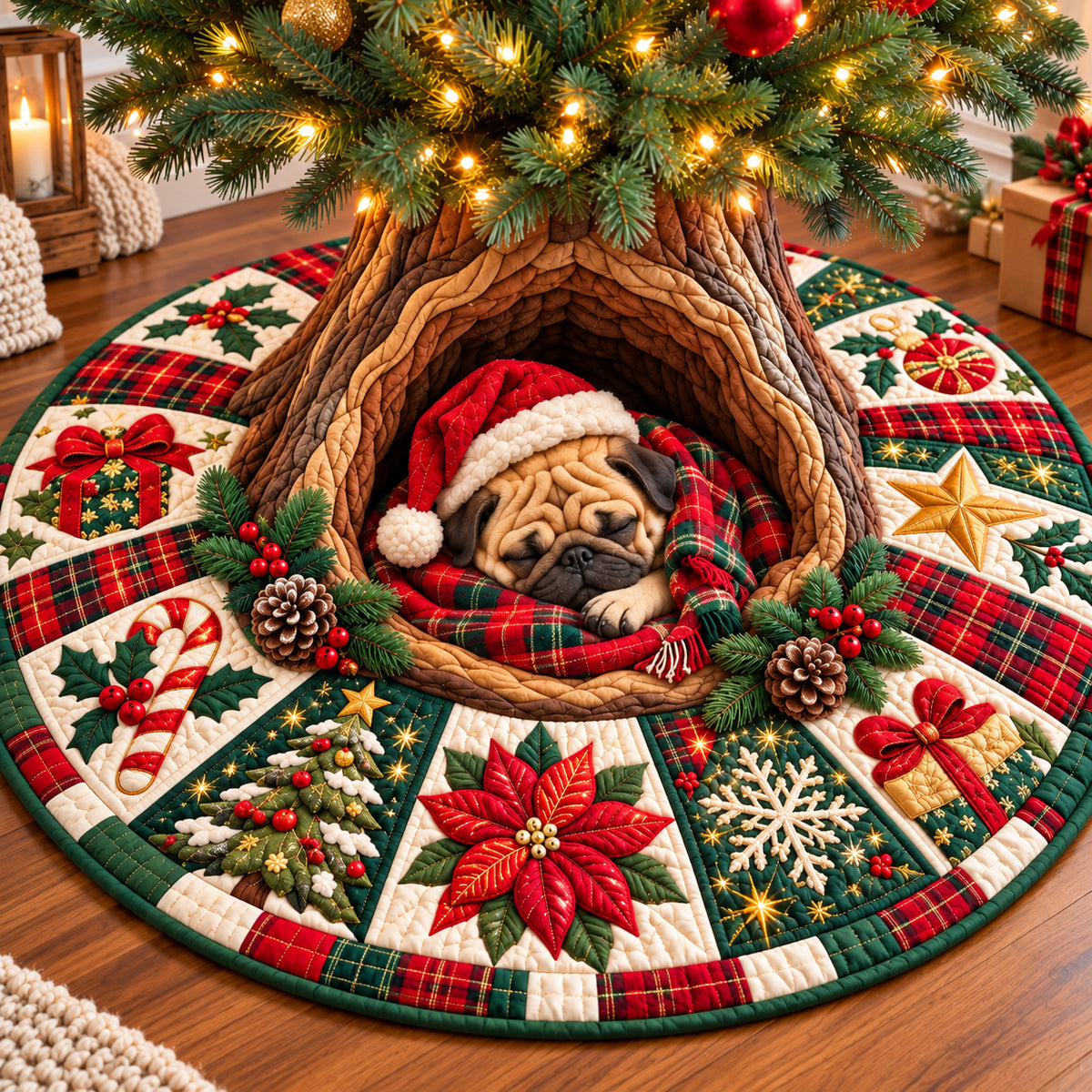 Christmas Pug Cheer Quilted Tree Skirt GFTONPT1433