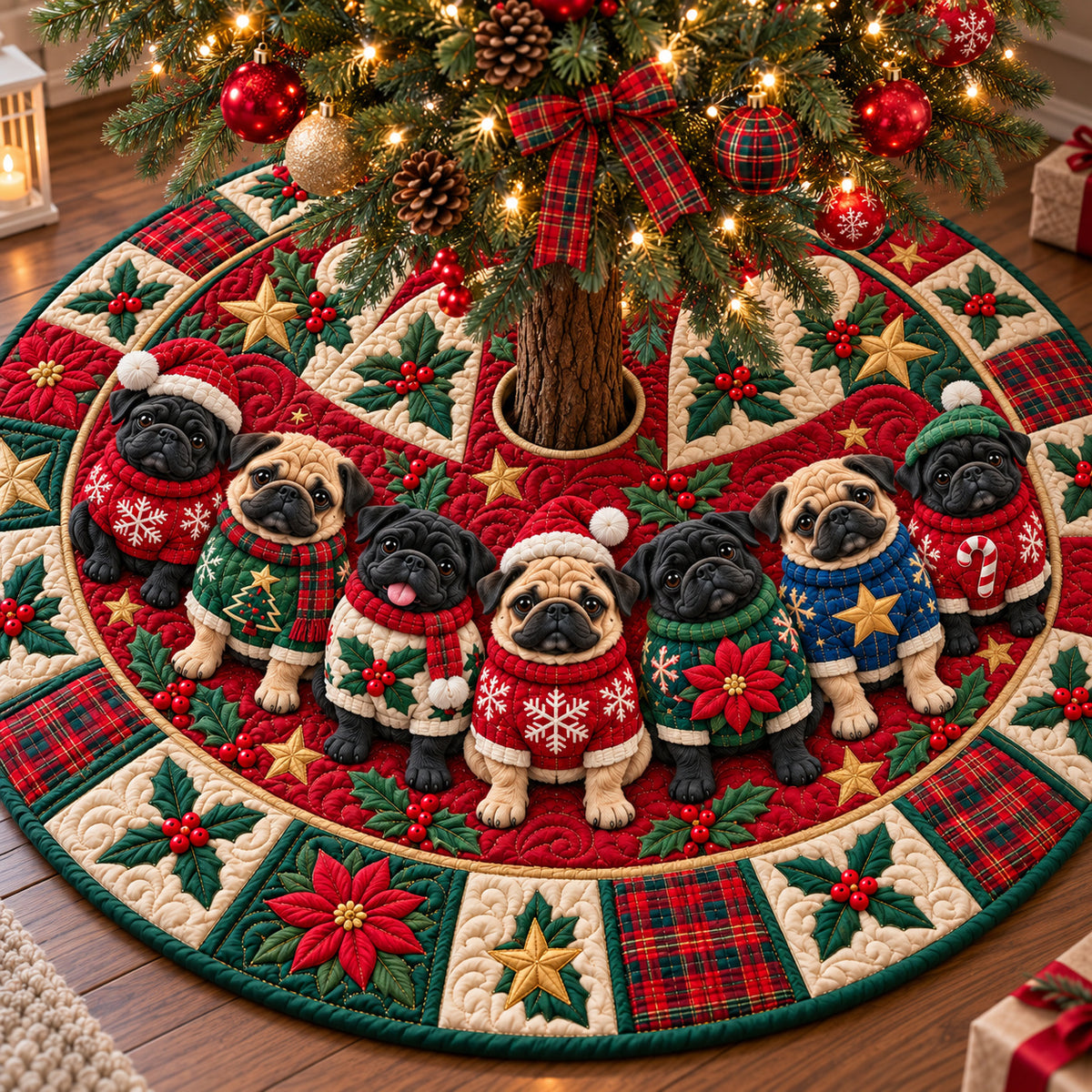 Christmas Pug Joy Quilted Tree Skirt GFTONPT1437