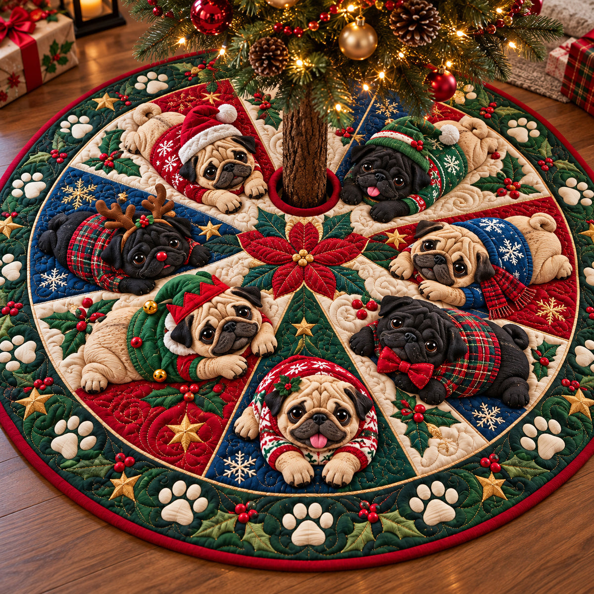 Christmas Pug Wonderland Quilted Tree Skirt GFTONPT1438
