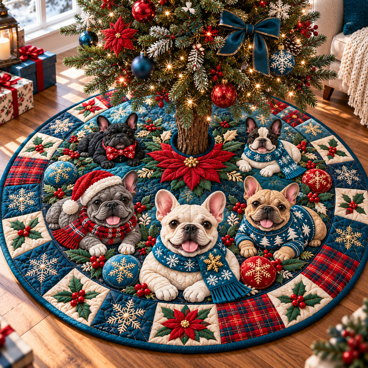 Christmas French Bulldog Cheer Quilted Tree Skirt GFTONPT1470