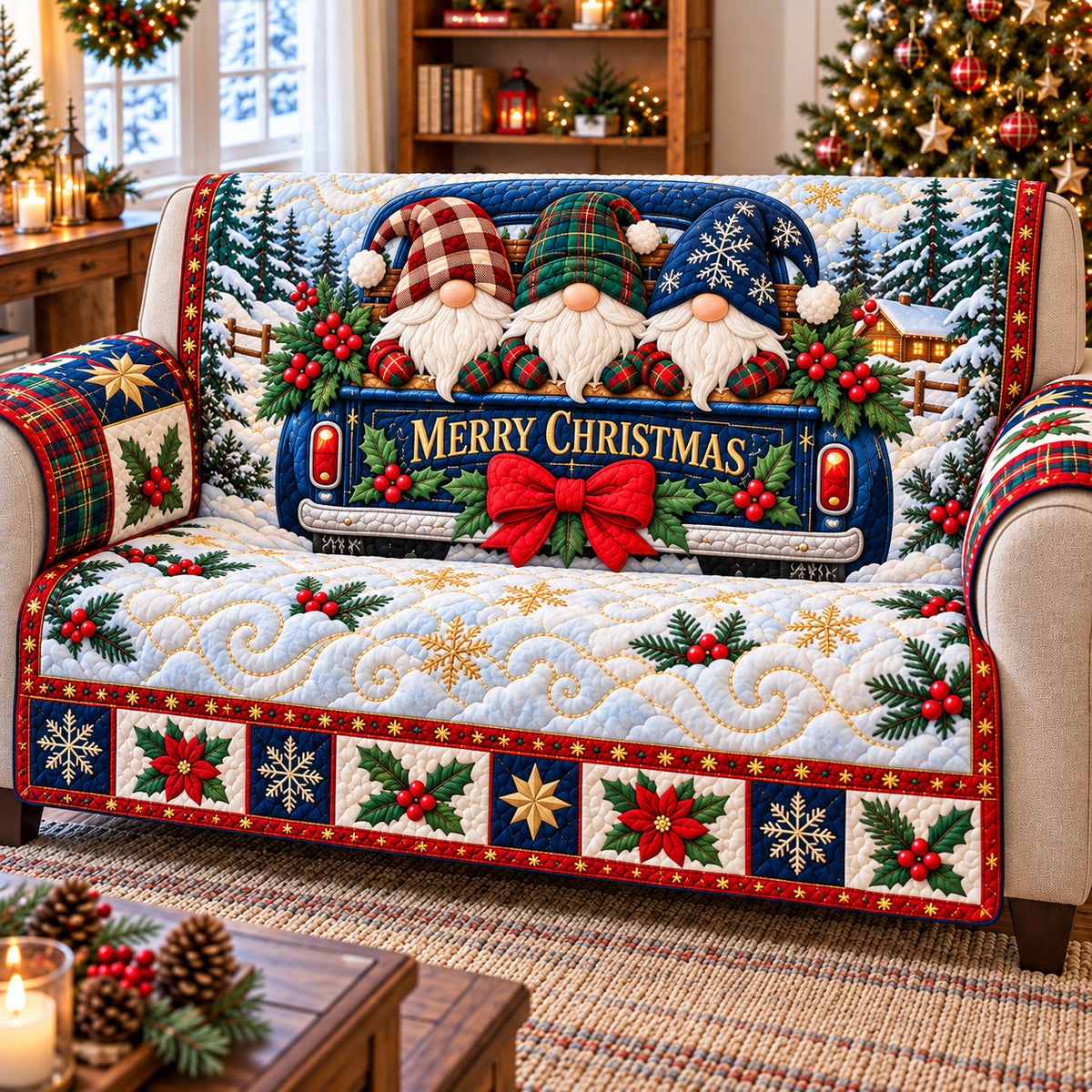 Christmas Gnome Village Quilted Sofa Cover GFTONPT1493