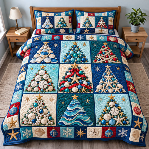 Coastal Christmas Tree Wishes 3-Piece Quilted Bedding Set GFTONPT1554