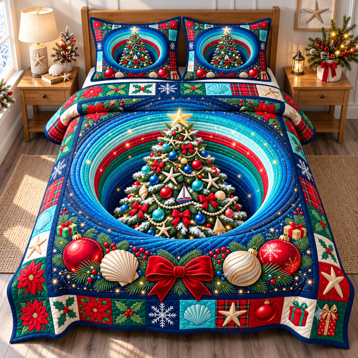 Coastal Christmas Tree Paradise 3-Piece Quilted Bedding Set GFTONPT1555