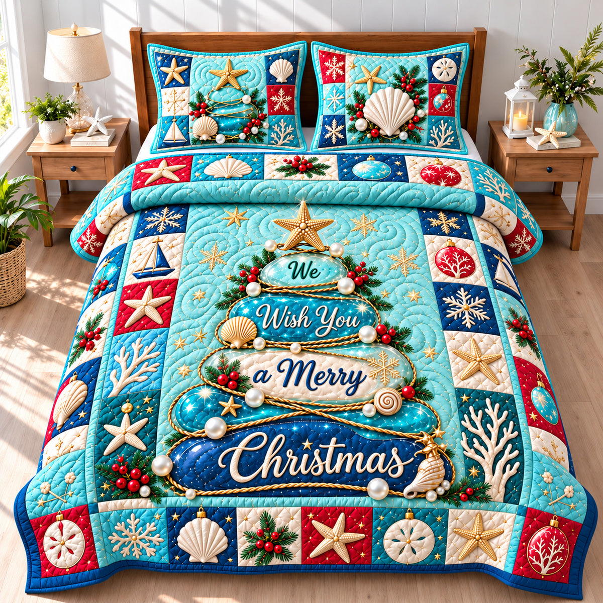 Coastal Christmas Tree Breeze 3-Piece Quilted Bedding Set GFTONPT1556