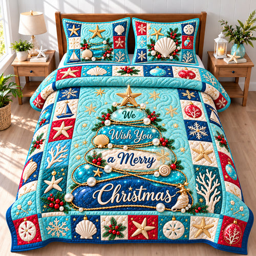 Coastal Christmas Tree Breeze 3-Piece Quilted Bedding Set GFTONPT1556