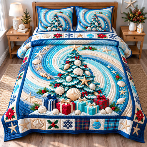 Coastal Christmas Tree Holiday 3-Piece Quilted Bedding Set GFTONPT1557