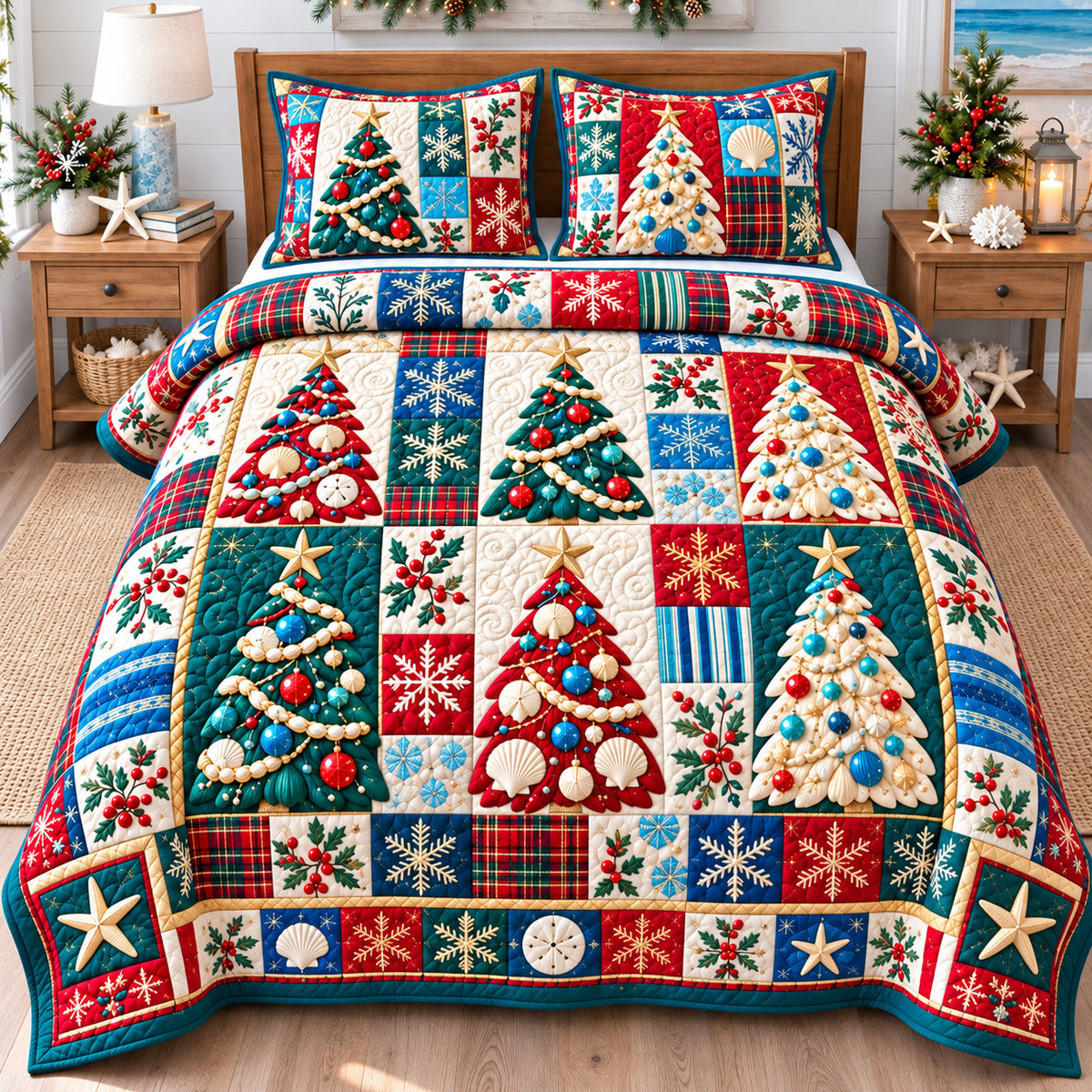 Coastal Christmas Tree Magic 3-Piece Quilted Bedding Set GFTONPT1558