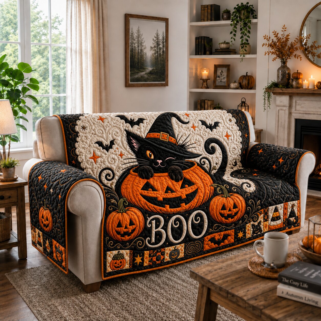 Black Cat Shadow Quilted Sofa Cover GFTONPT157