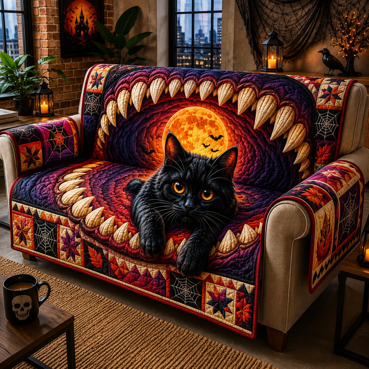 Black Cat Night Quilted Sofa Cover GFTONPT159