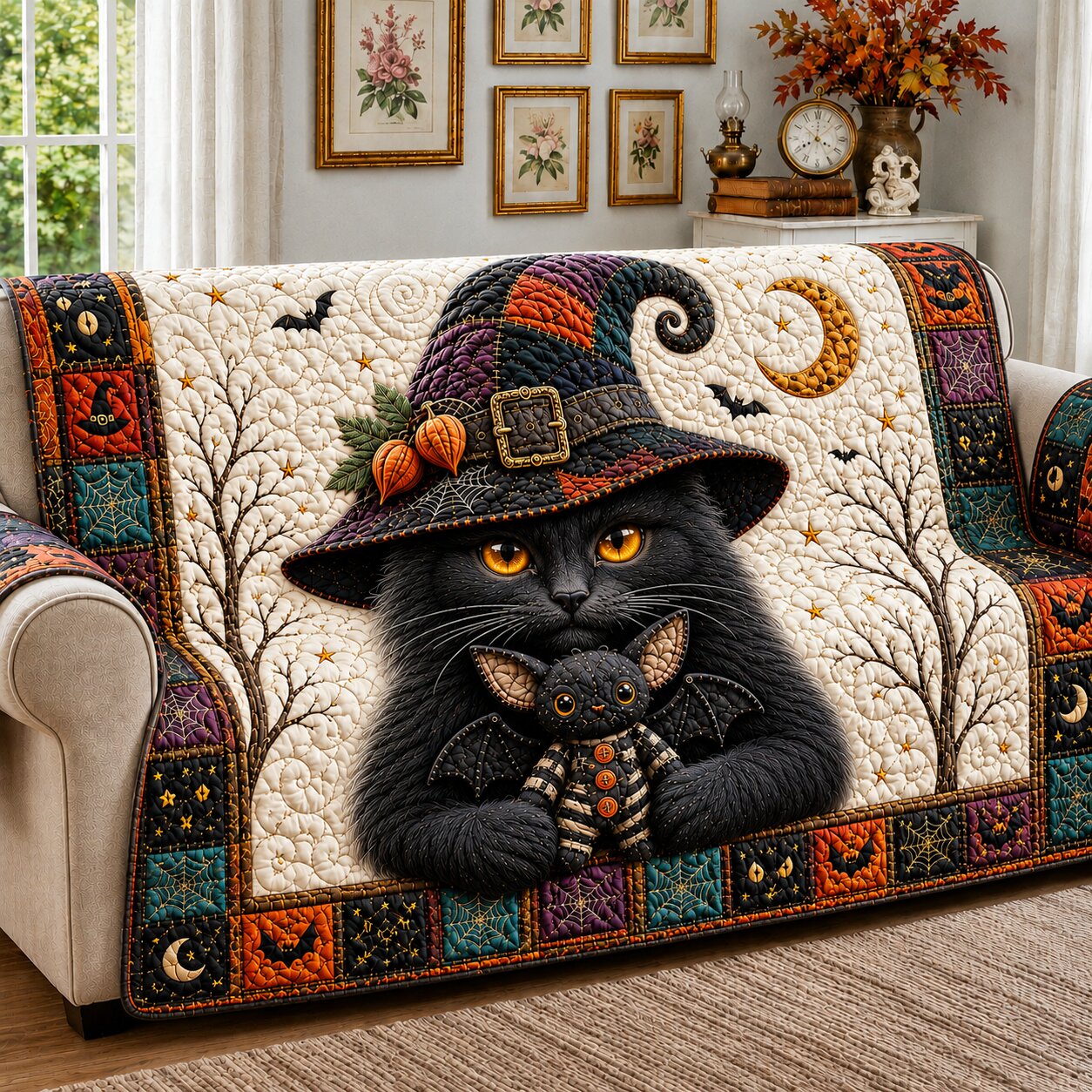 Black Cat Prowl Quilted Sofa Cover GFTONPT161