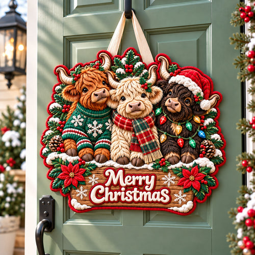 Highland Cow Christmas Cheer Custom Shape Quilted Door Hanger GFTONPT1619