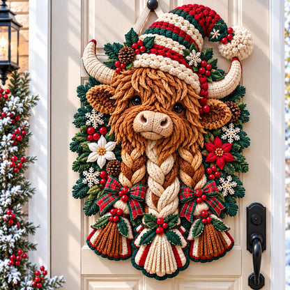 Highland Cow Christmas Wishes Custom Shape Quilted Door Hanger GFTONPT1620