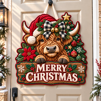 Highland Cow Christmas Farm Custom Shape Quilted Door Hanger GFTONPT1622