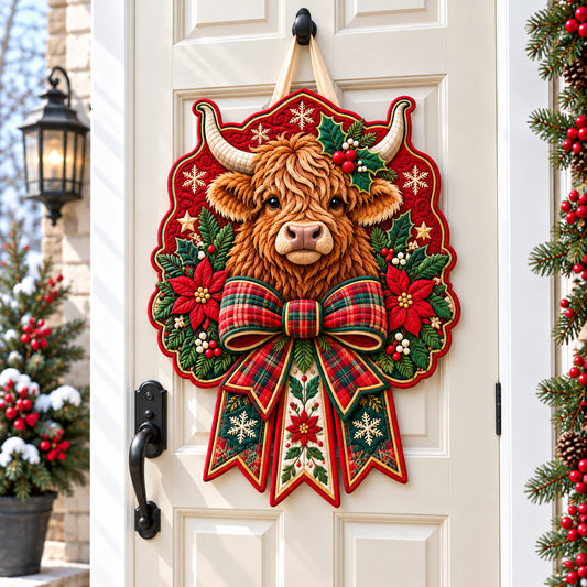 Highland Cow Christmas Joy Custom Shape Quilted Door Hanger GFTONPT1623