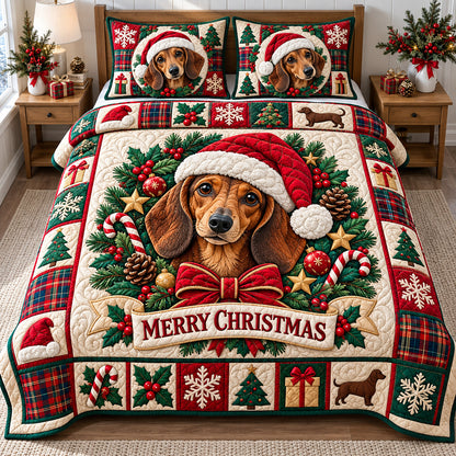 Christmas Dachshund Cheer 3-Piece Quilted Bedding Set GFTONPT1650