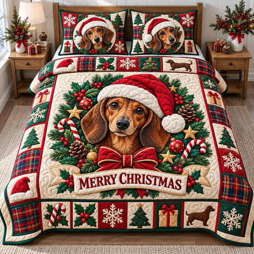Christmas Dachshund Cheer 3-Piece Quilted Bedding Set GFTONPT1650