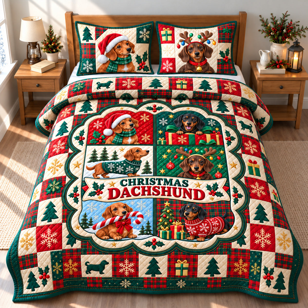 Christmas Dachshund Joy 3-Piece Quilted Bedding Set GFTONPT1653