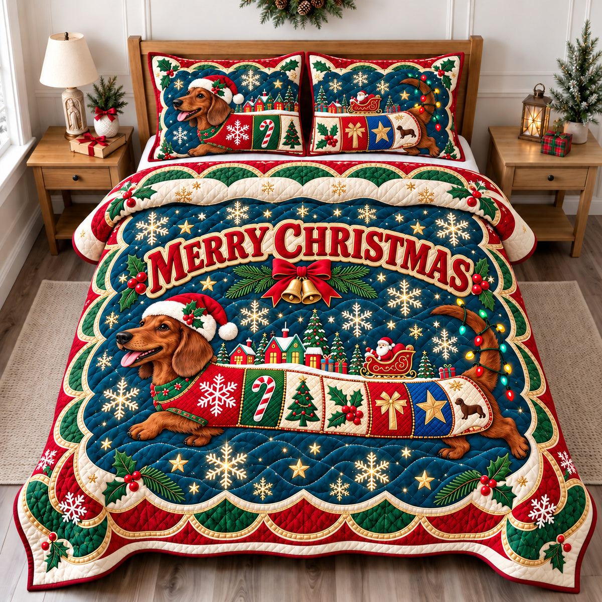Christmas Dachshund Adventure 3-Piece Quilted Bedding Set GFTONPT1654