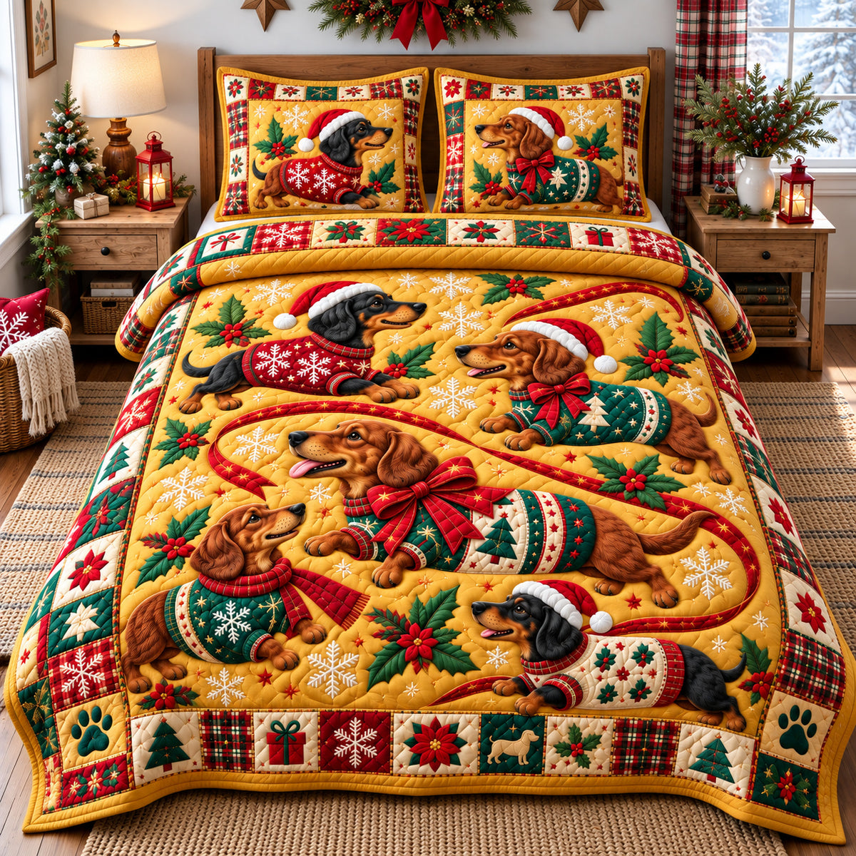 Christmas Dachshund Wonderland 3-Piece Quilted Bedding Set GFTONPT1655