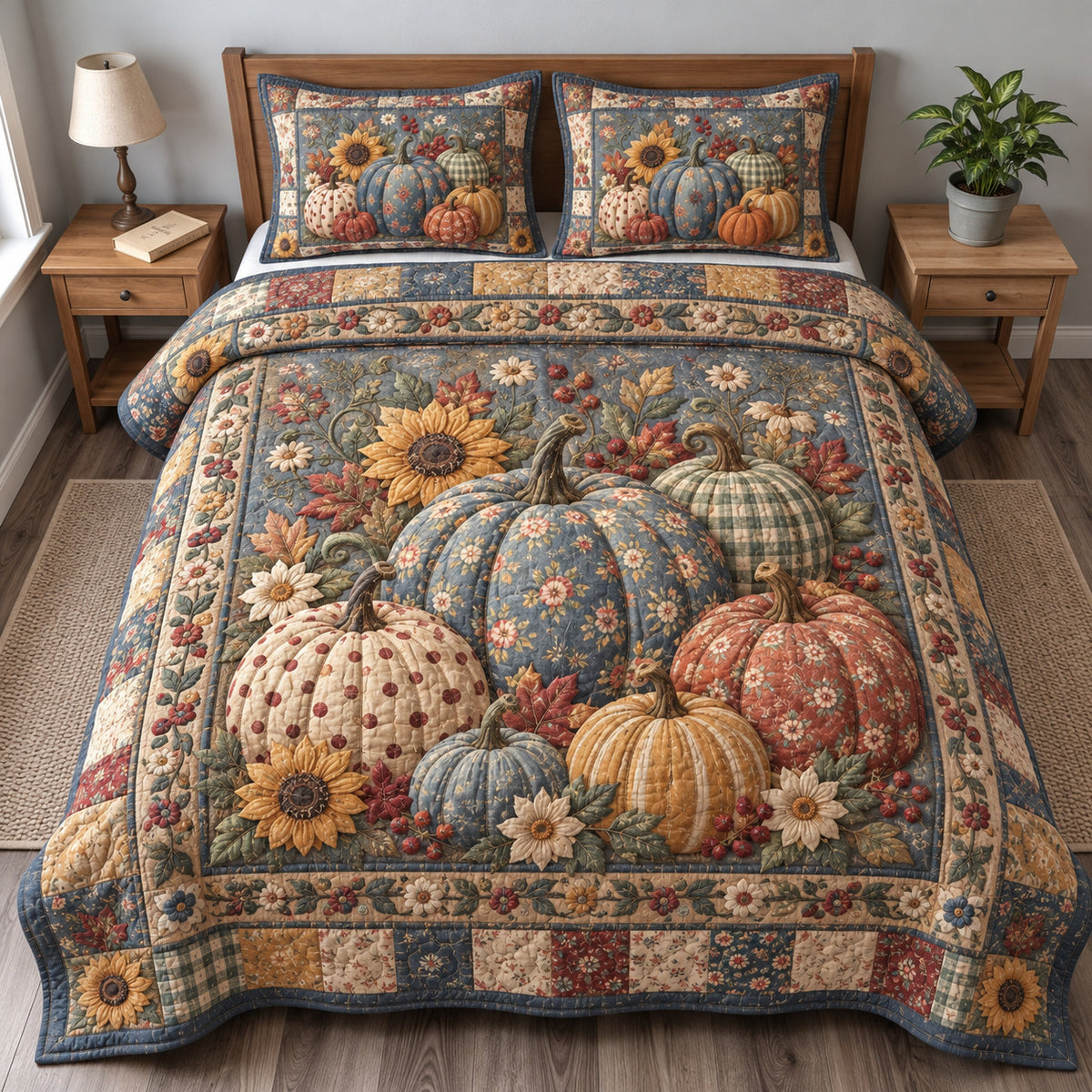 Rustic Pumpkin Harvest 3-Piece Quilted Bedding Set GFTONPT1855