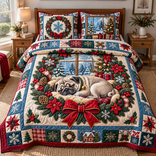 Christmas Pug Sleep 3-Piece Quilted Bedding Set GFTONPT1861