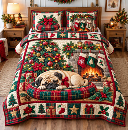 Christmas Pug Sleeping 3-Piece Quilted Bedding Set GFTONPT1862