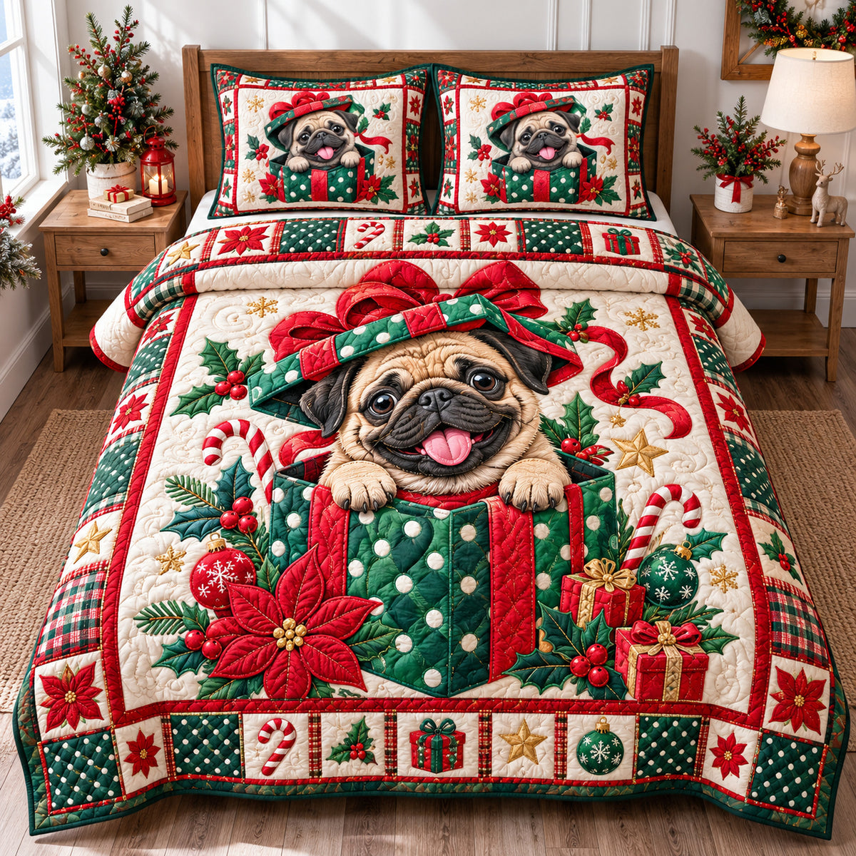 Christmas Pug Delight 3-Piece Quilted Bedding Set GFTONPT1866