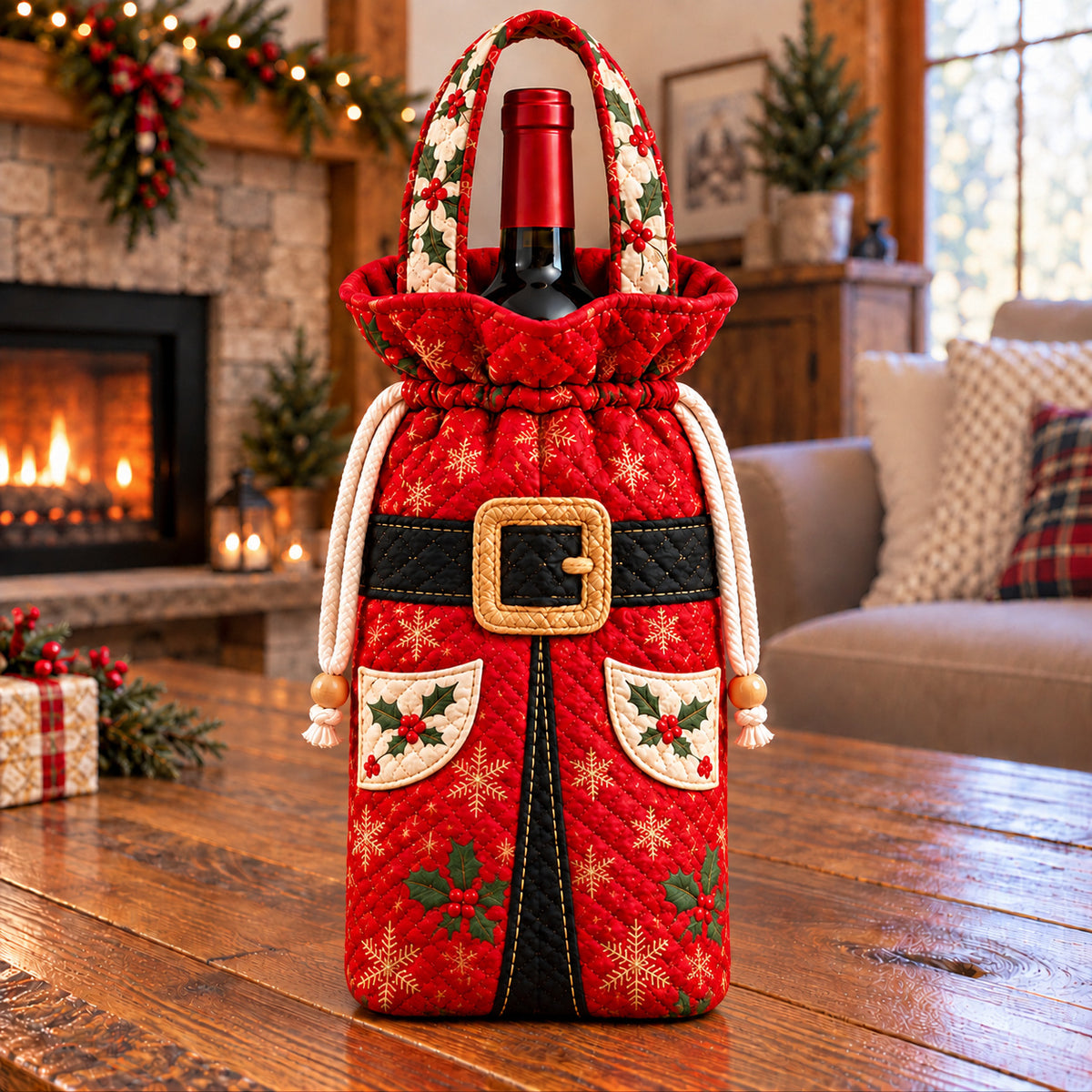 Santa Claus Fireside Quilted Bottle Carrier Bag GFTONPT1893