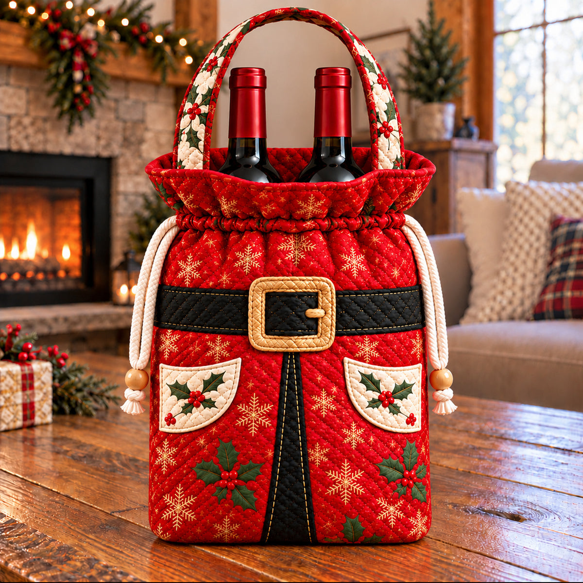 Santa Claus Fireside Quilted Bottle Carrier Bag GFTONPT1893