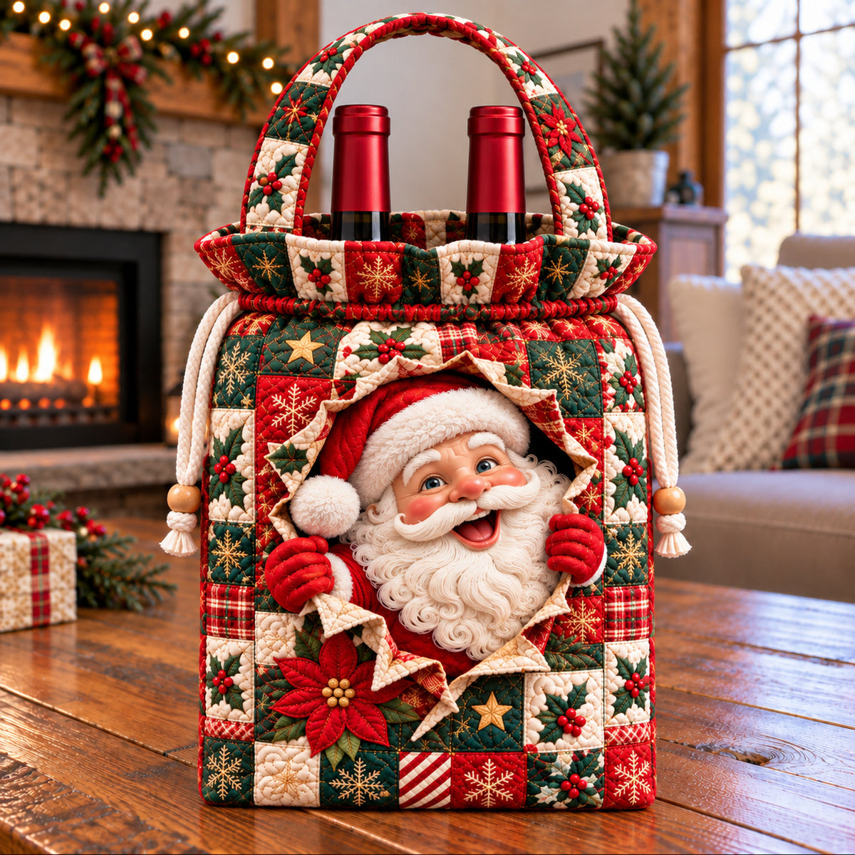 Santa Claus Patchwork Quilted Bottle Carrier Bag GFTONPT1895