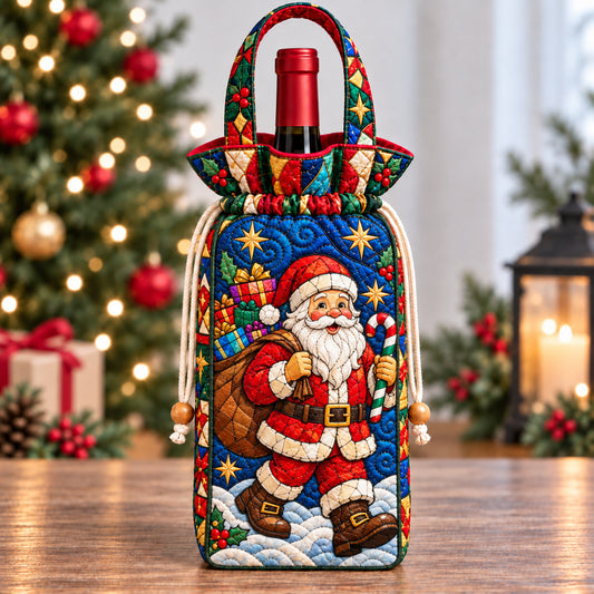 Santa Claus Stainedglass Quilted Bottle Carrier Bag GFTONPT1896