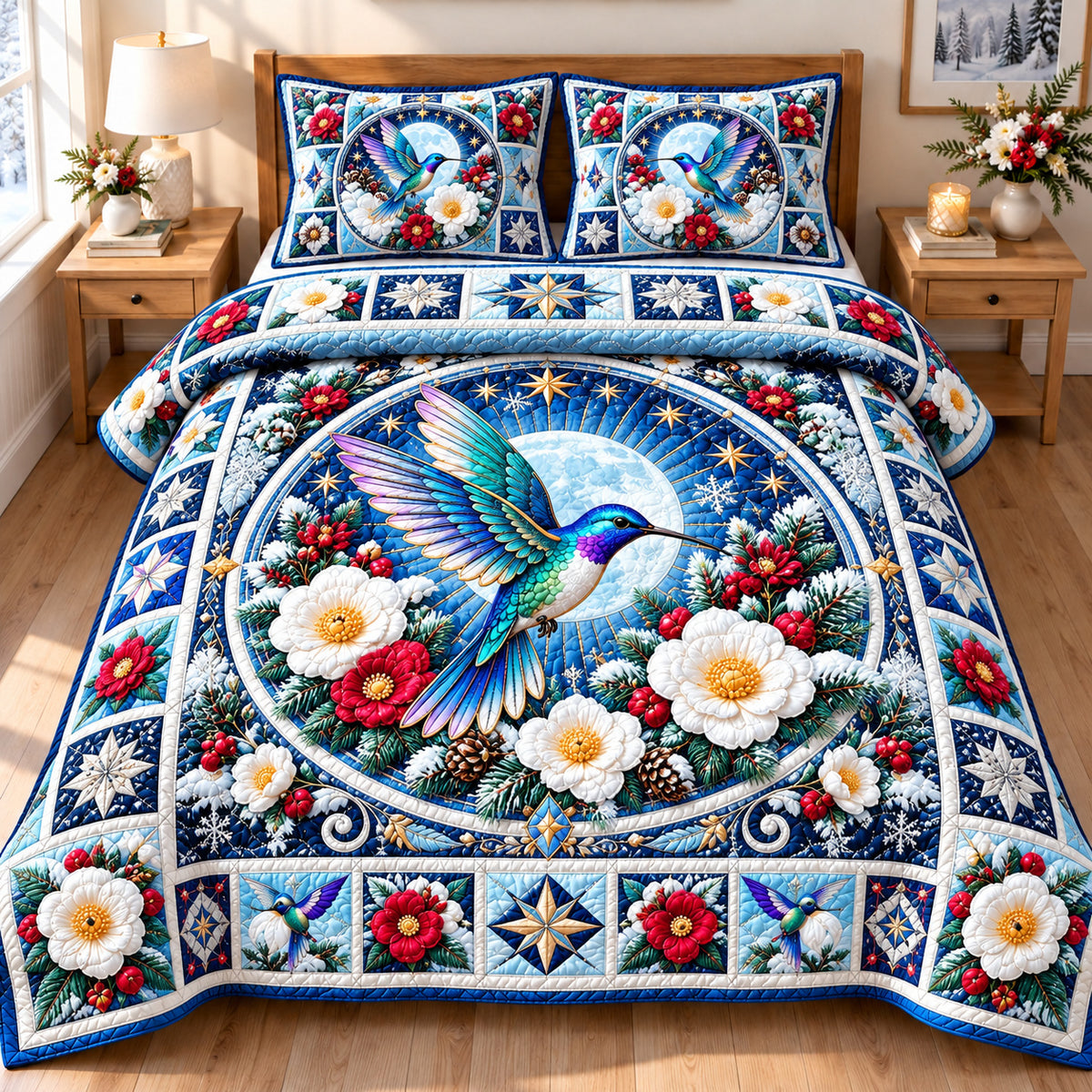 Winter Hummingbird Enchantment 3-Piece Quilted Bedding Set GFTONPT1904