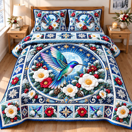Winter Hummingbird Enchantment 3-Piece Quilted Bedding Set GFTONPT1904