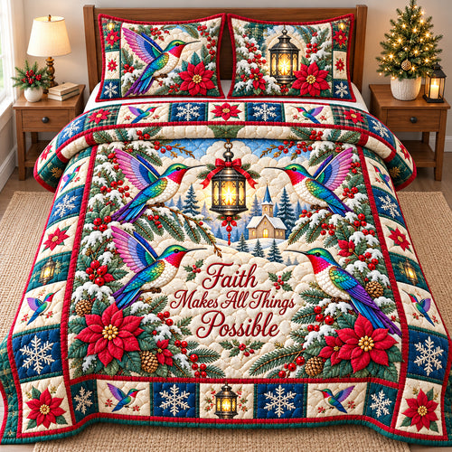 Winter Hummingbird Blossoms 3-Piece Quilted Bedding Set GFTONPT1908