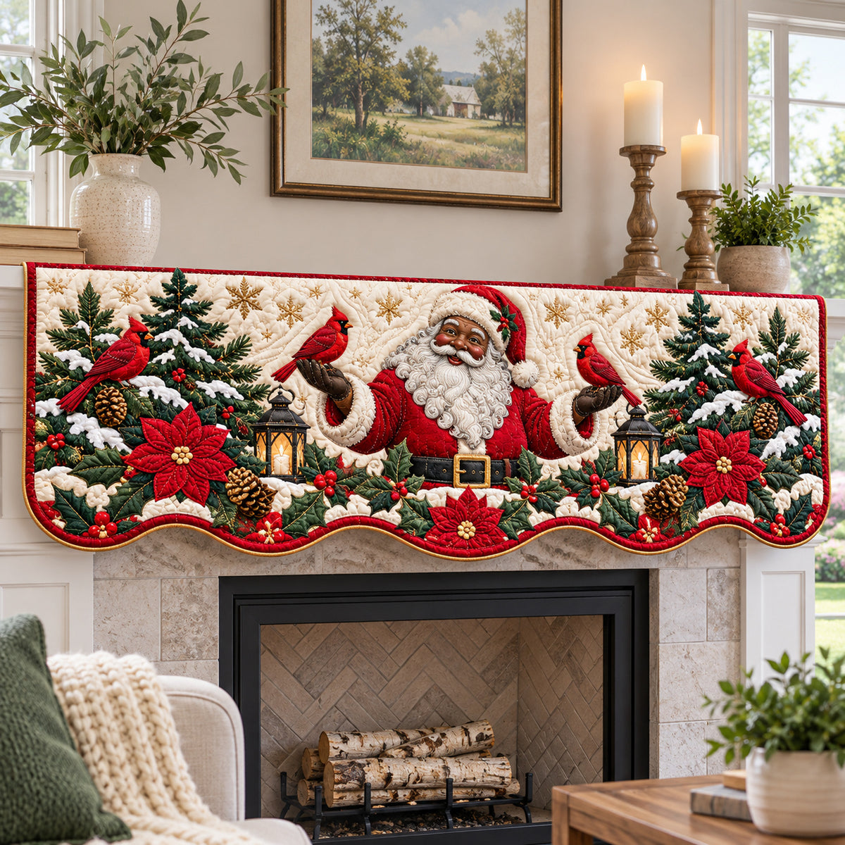 Black Santa Celebration Quilted Mantel Scarf GFTONPT1929
