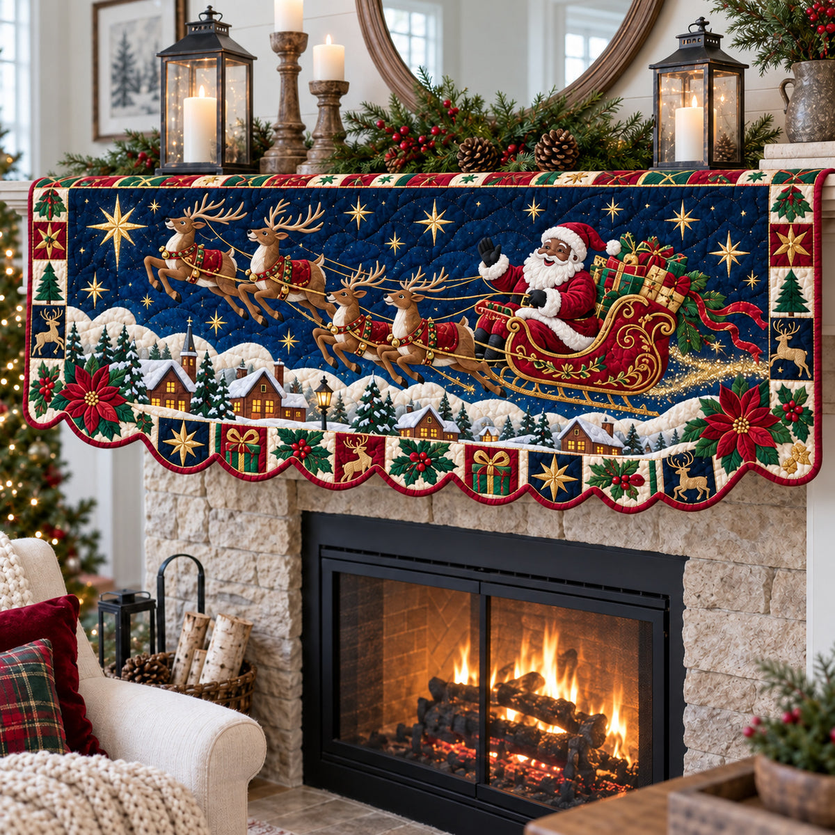 Black Santa Traditions Quilted Mantel Scarf GFTONPT1932