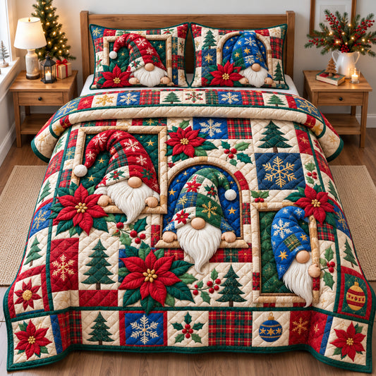 Gnome Trio Whimsy 3-Piece Quilted Bedding Set GFTONPT2004