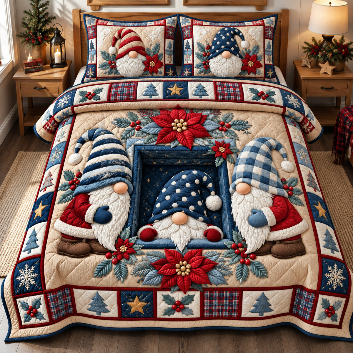 Gnome Trio Wonderland 3-Piece Quilted Bedding Set GFTONPT2006
