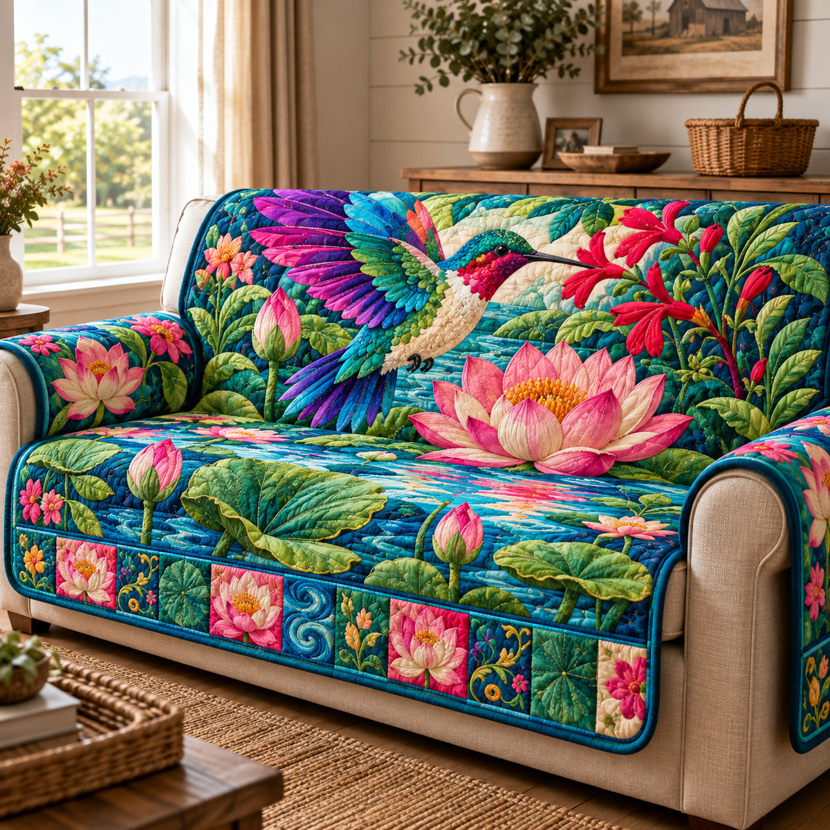 Hummingbird Blossoms Quilted Sofa Cover GFTONPT2053