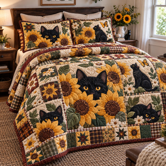 Black Cat Sunflowers 3-Piece Quilted Bedding Set GFTONPT2072