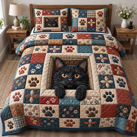 Black Cat Pawprints 3-Piece Quilted Bedding Set GFTONPT2073