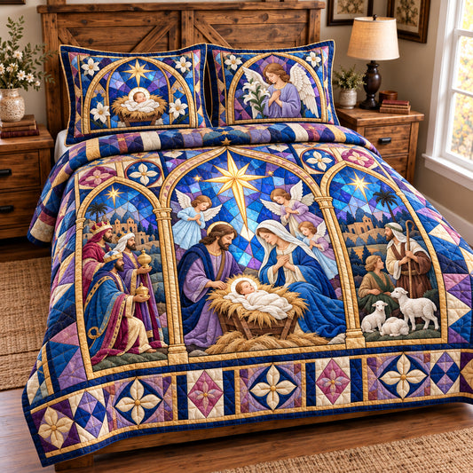 Nativity Stained Glass 3-Piece Quilted Bedding Set GFTONPT2078
