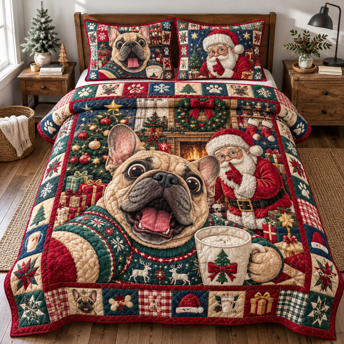 Frenchie Santa 3-Piece Quilted Bedding Set GFTONPT2100