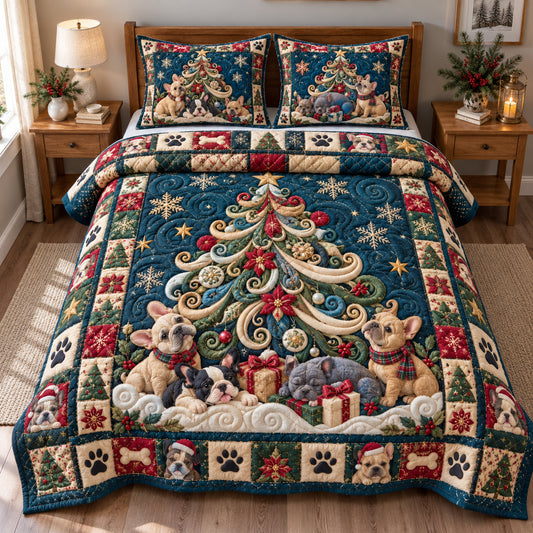 Frenchie Christmas Tree 3-Piece Quilted Bedding Set GFTONPT2105