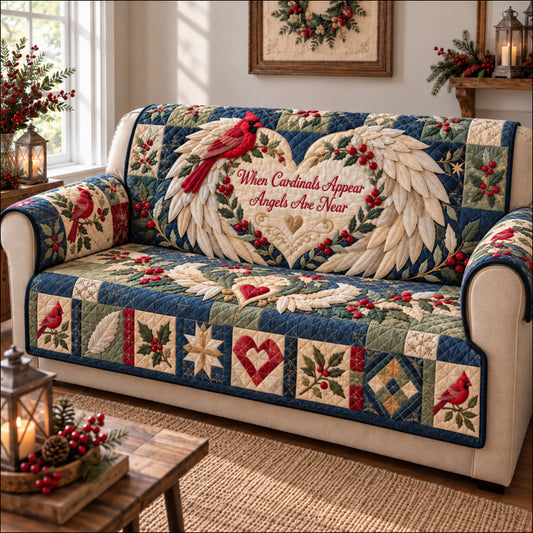 Red Cardinal Evergreen Quilted Sofa Cover GFTONPT2113