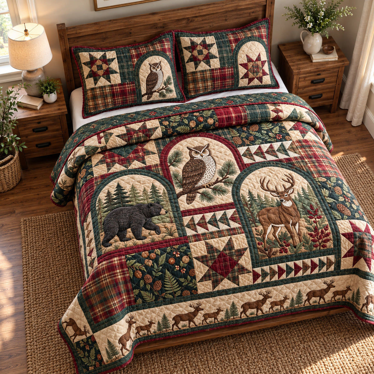 Rustic Woodland Wildflowers 3-Piece Quilted Bedding Set GFTONPT2136