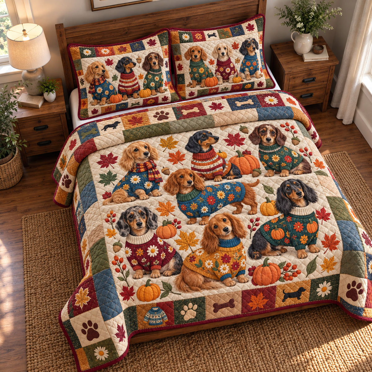 Autumn Dachshund 3-Piece Quilted Bedding Set GFTONPT2141