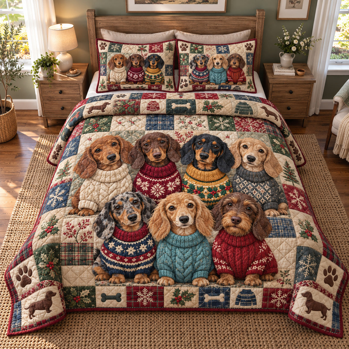 Winter Dachshund 3-Piece Quilted Bedding Set GFTONPT2142