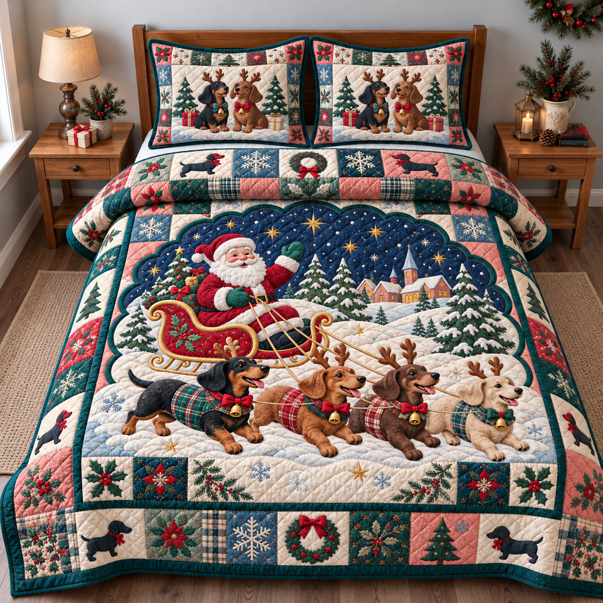Dachshund Santa 3-Piece Quilted Bedding Set GFTONPT2146