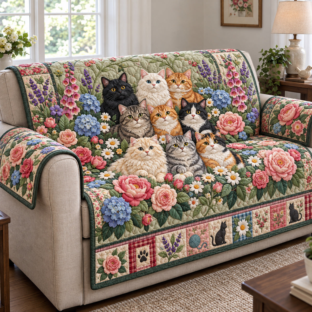 Floral Cat Quilted Sofa Cover GFTONPT2149